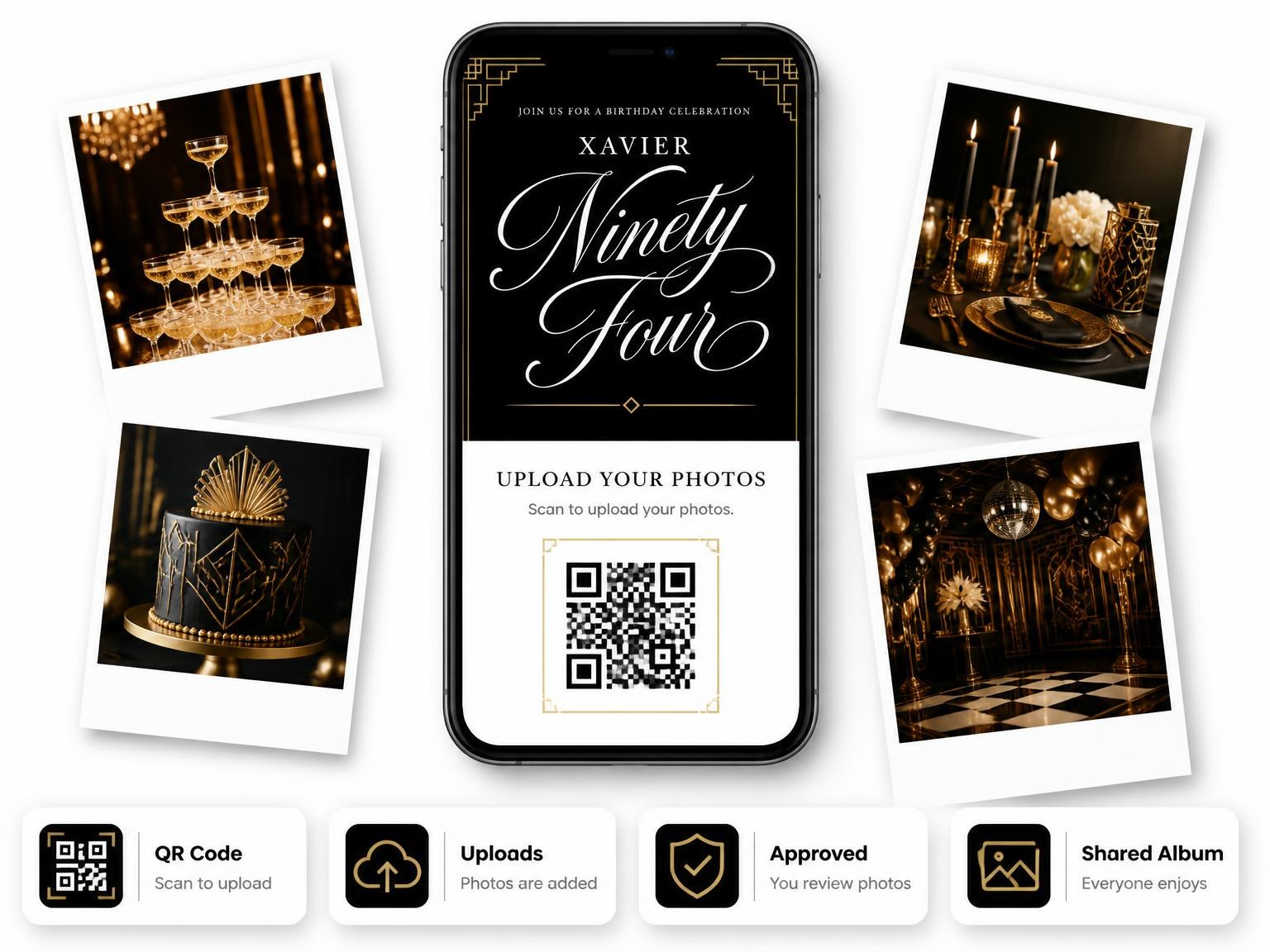 The shared photo gallery that comes with the Art Deco 94th Birthday Invitation invitation