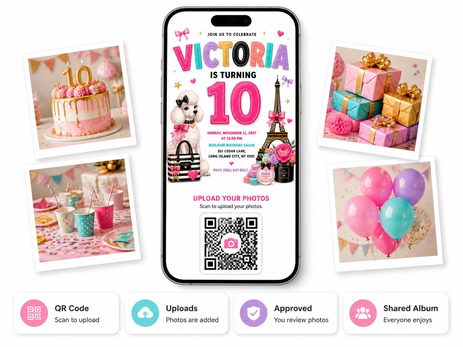 The shared photo gallery that comes with the Eiffel Tower Stitched 10th Birthday Invitation invitation