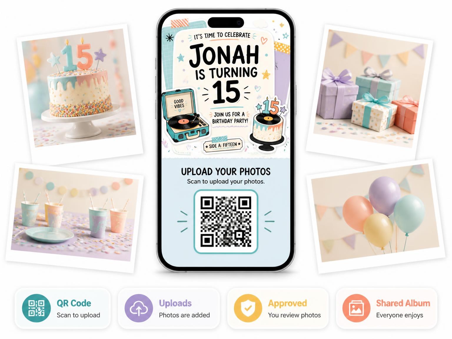The shared photo gallery that comes with the Record Player Pastel 15th Birthday Invitation invitation