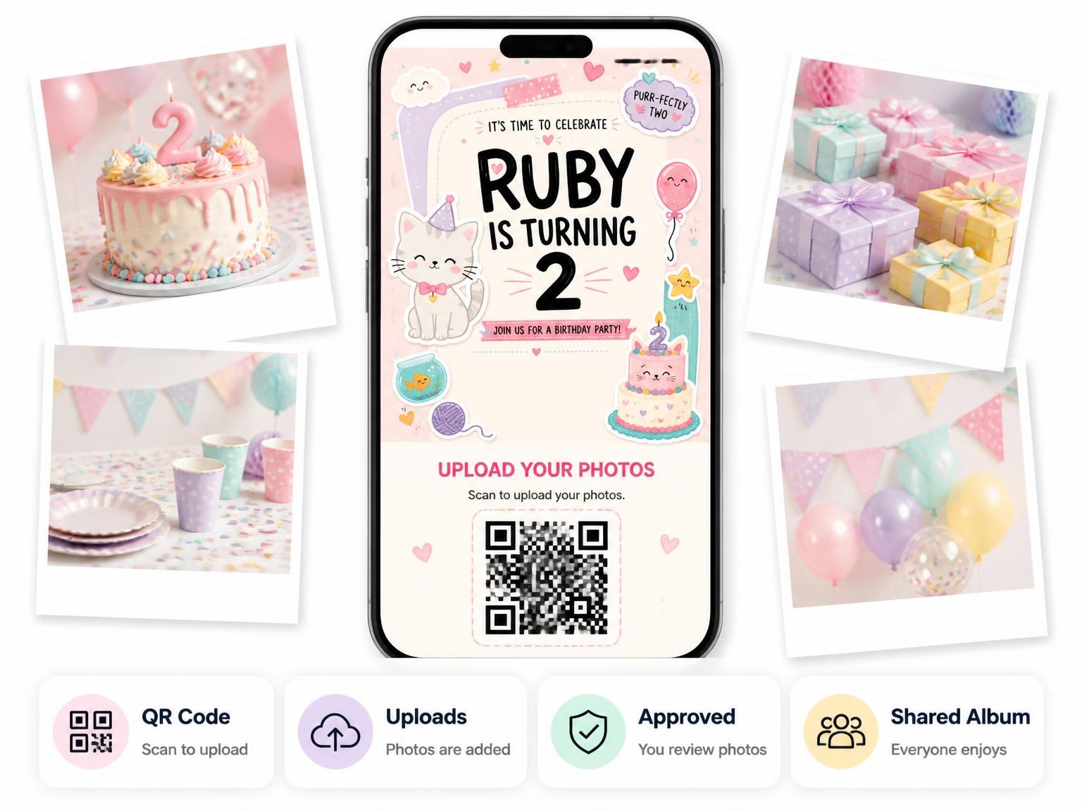 The shared photo gallery that comes with the White Kitten Pastel 2nd Birthday Invitation invitation