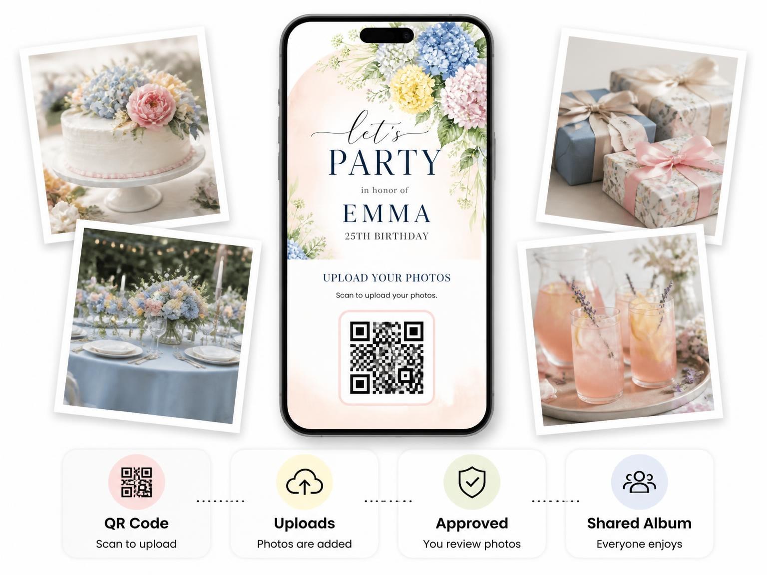 The shared photo gallery that comes with the Spring Hydrangea Arch 25th Birthday Invitation invitation
