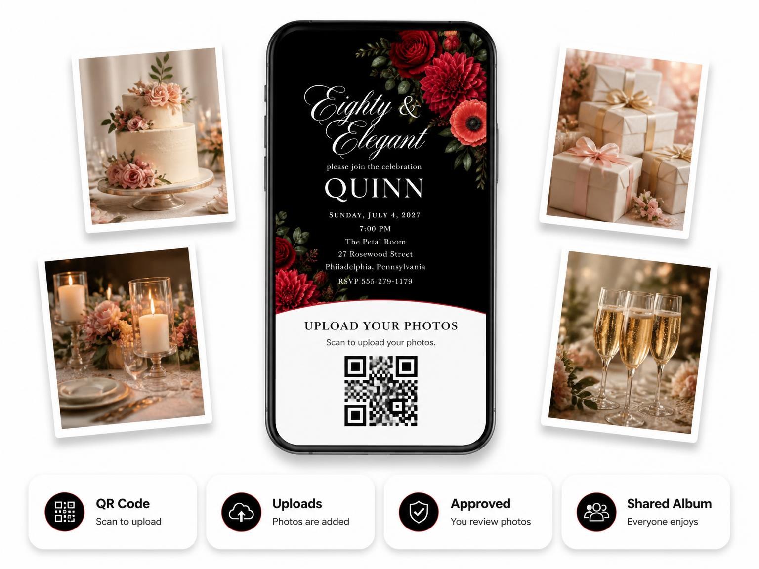 The shared photo gallery that comes with the Black Floral 80th Birthday Invitation invitation