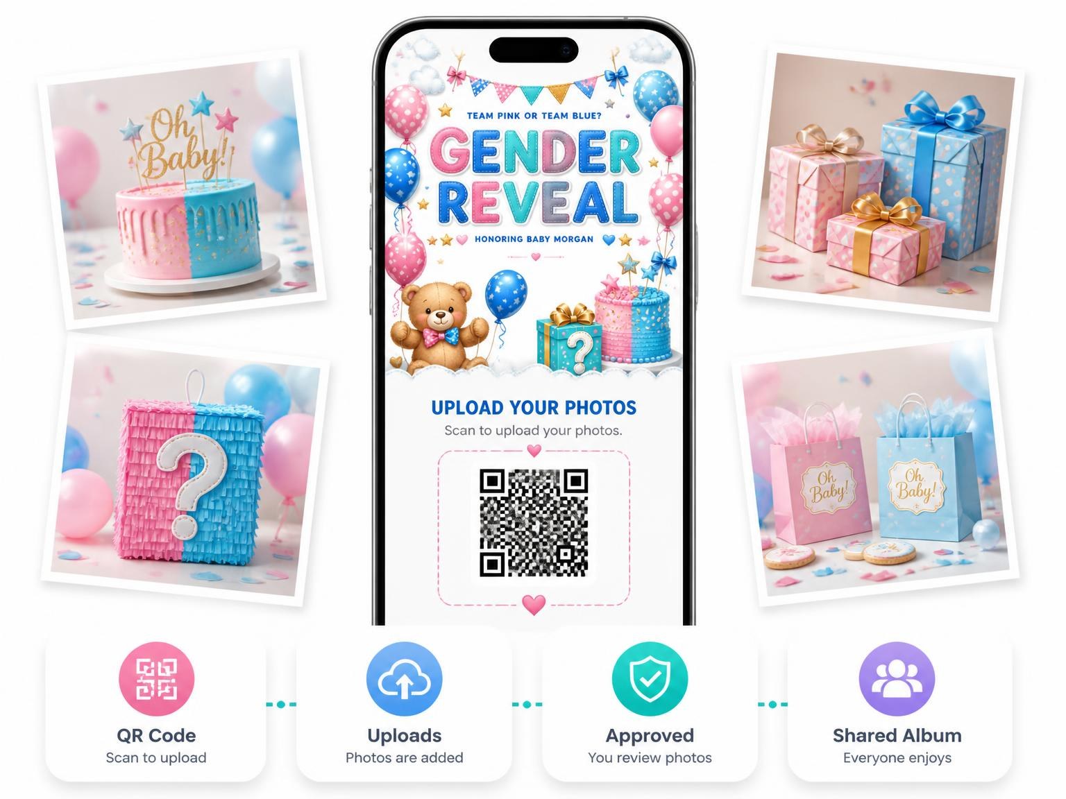 The shared photo gallery that comes with the Gift Box Gender Reveal Invitation invitation