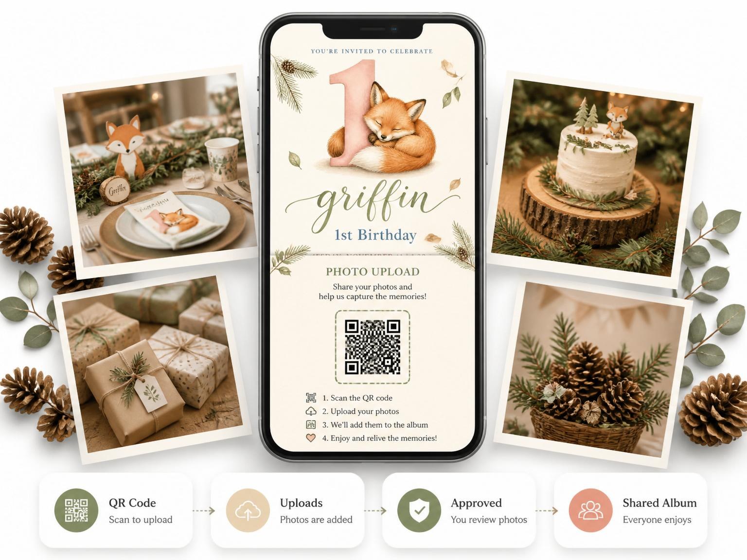 The shared photo gallery that comes with the Watercolor Woodland Fox 1st Birthday invitation