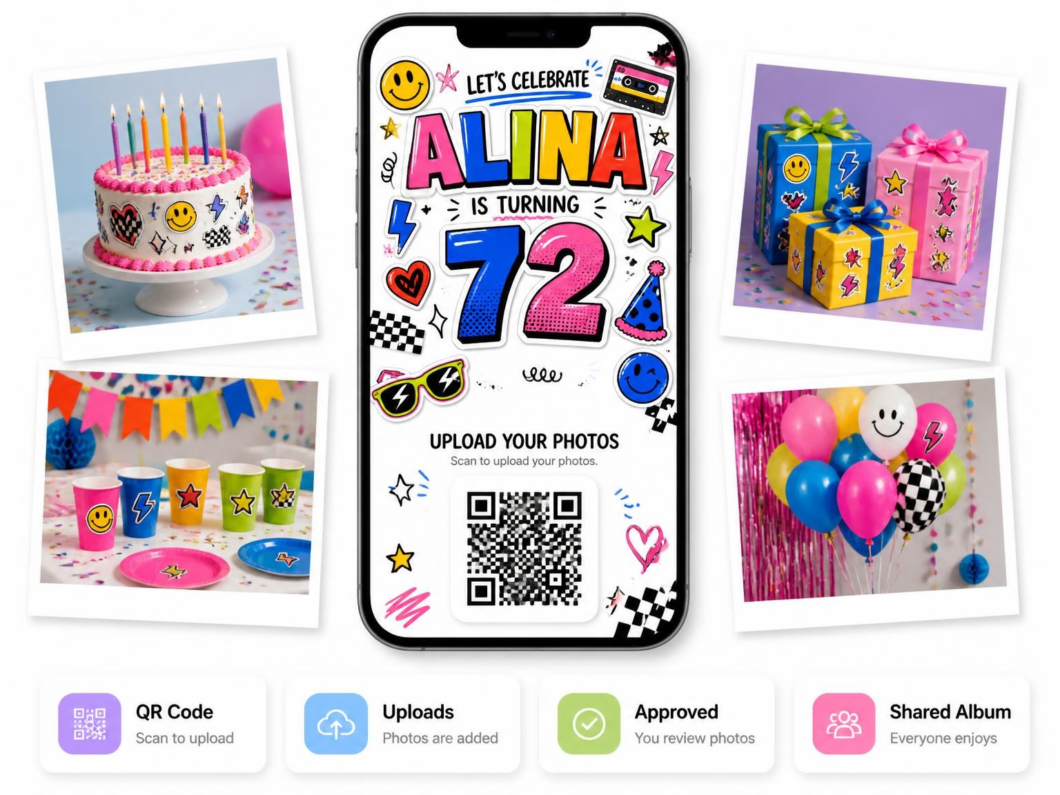 The shared photo gallery that comes with the Sticker Pop 72nd Birthday Invitation invitation