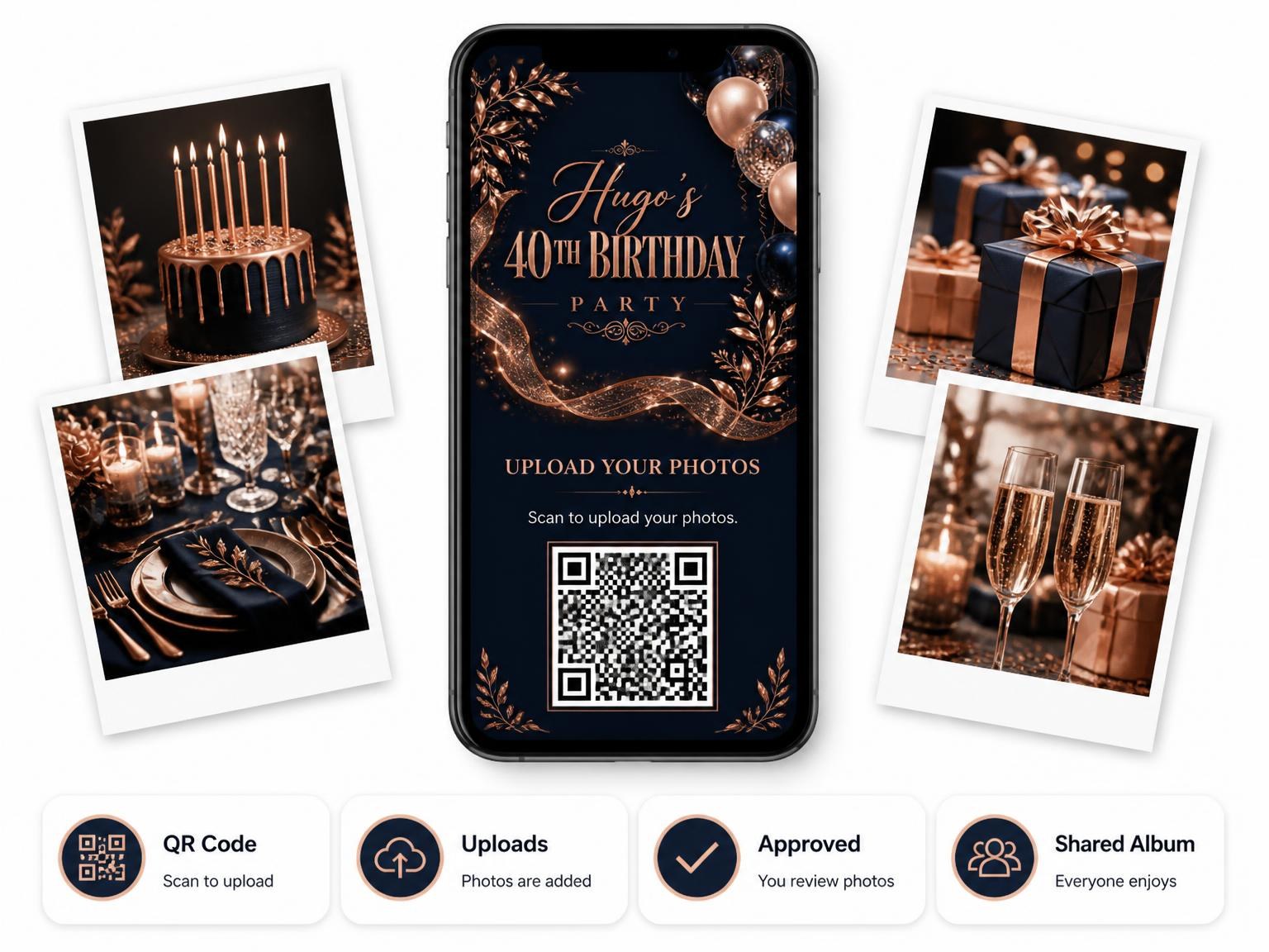 The shared photo gallery that comes with the Navy and Rose Gold 40th Birthday Invitation invitation