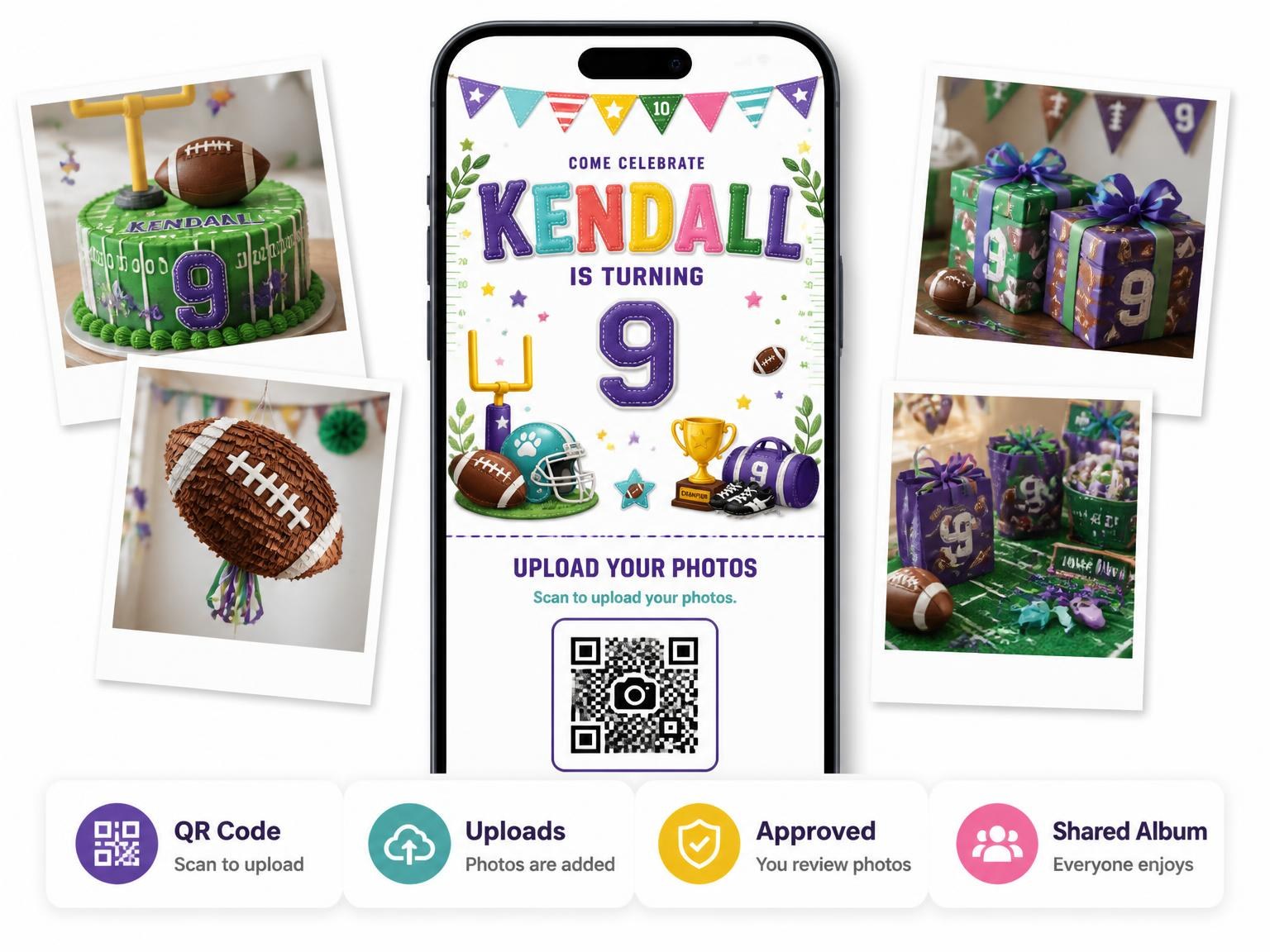 The shared photo gallery that comes with the Stitched Football 9th Birthday Invitation invitation