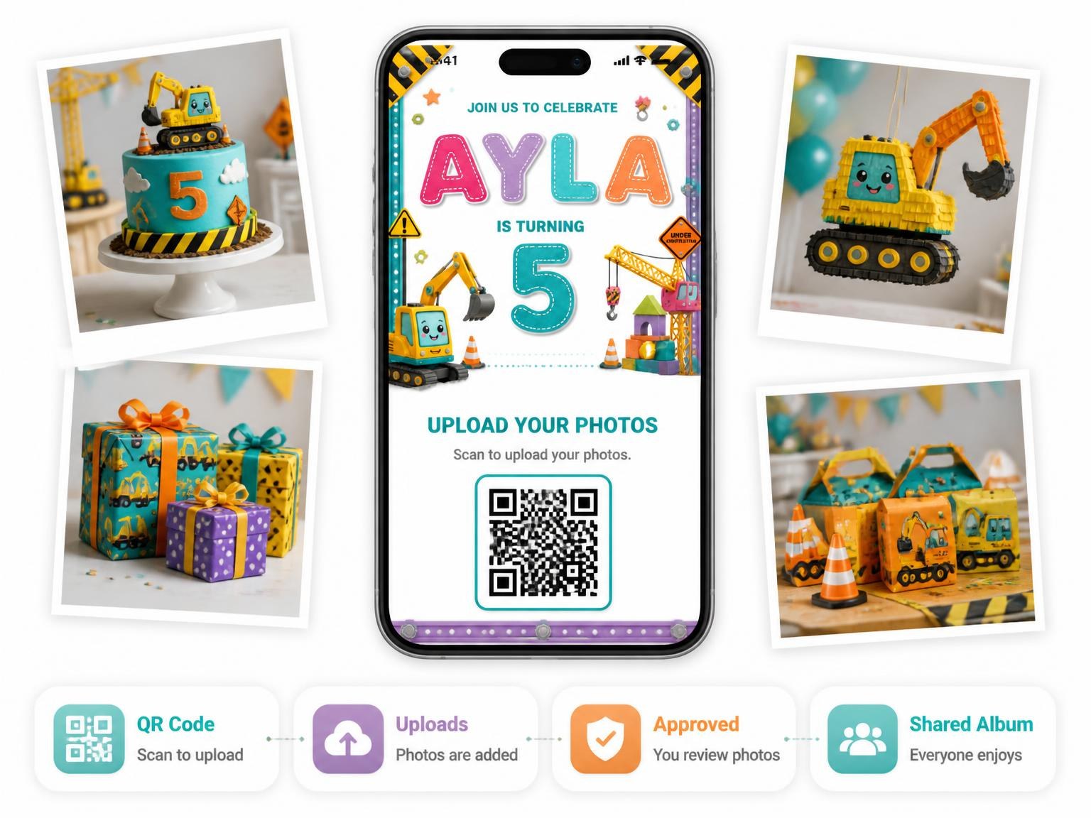 The shared photo gallery that comes with the Stitched Construction 5th Birthday Invitation invitation