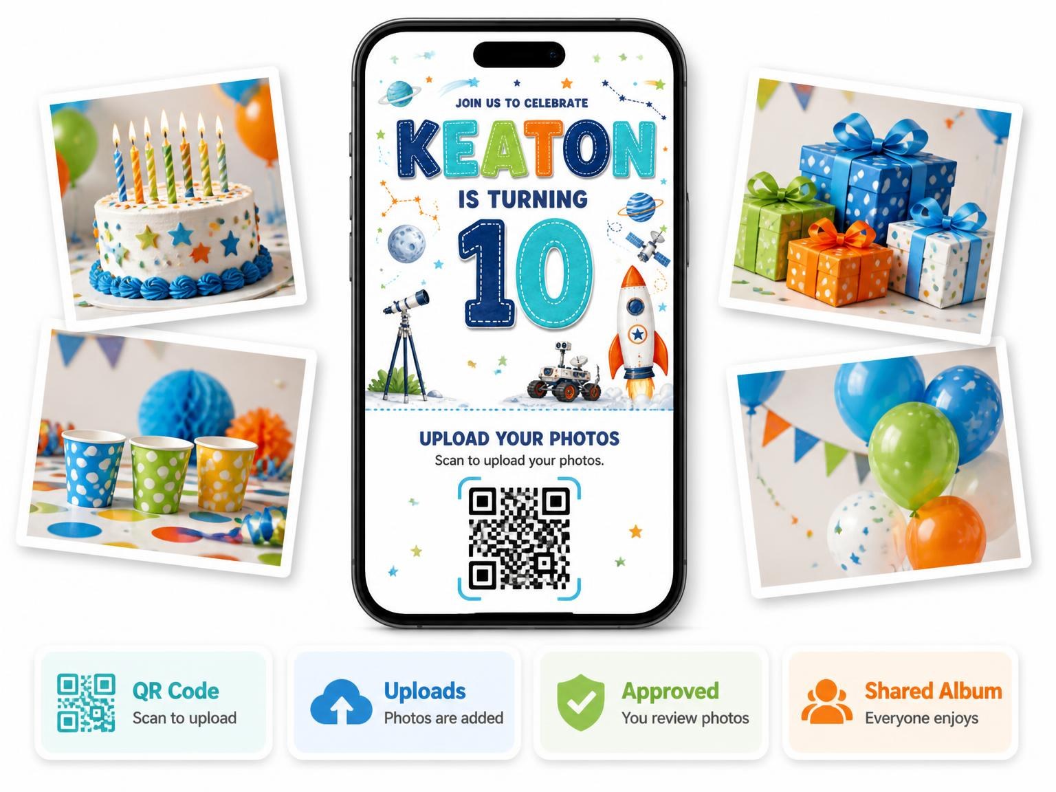 The shared photo gallery that comes with the Blasting Off Stitched 10th Birthday Invitation invitation
