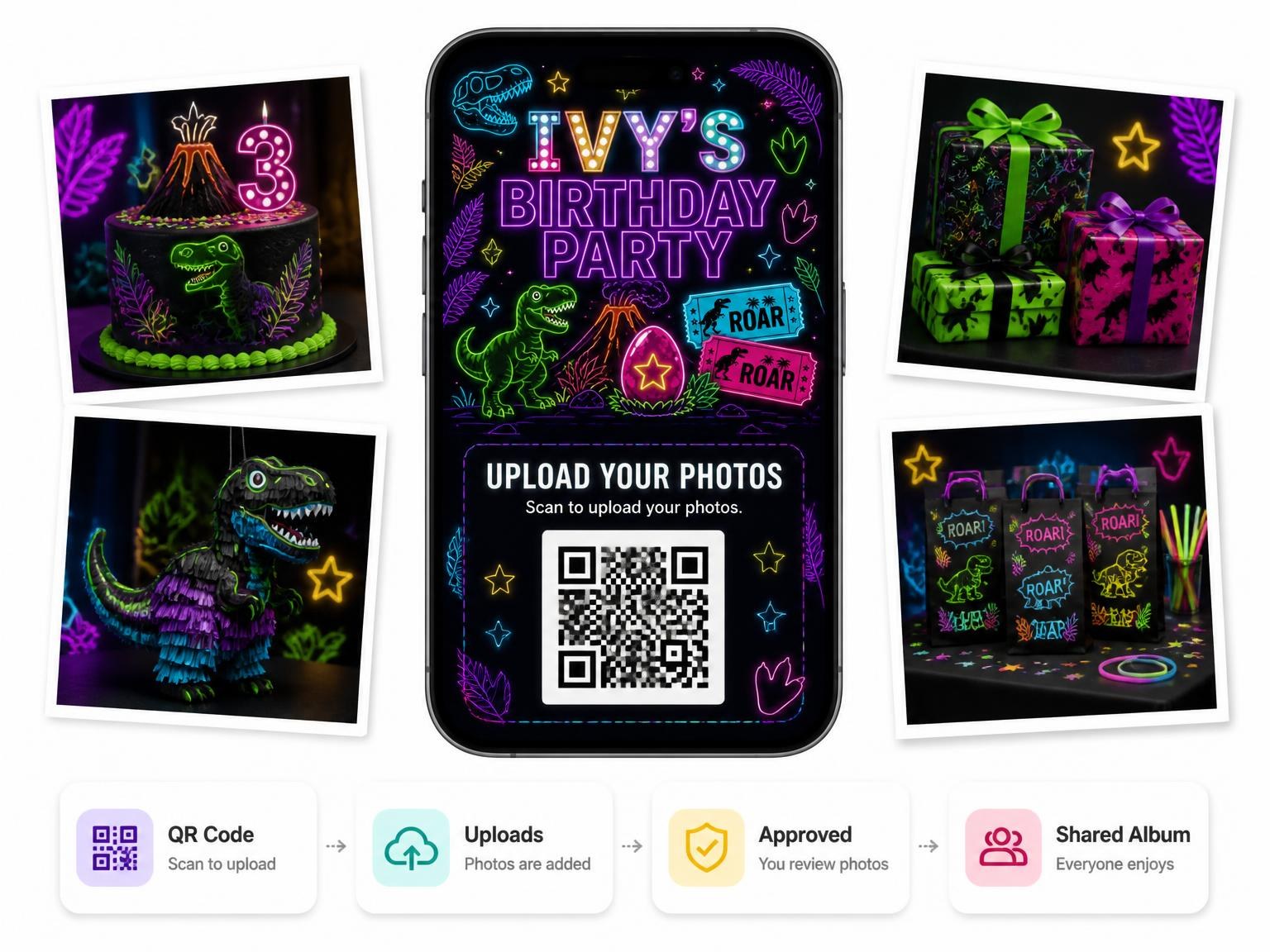 The shared photo gallery that comes with the Neon Dinosaur 23rd Birthday Invitation invitation