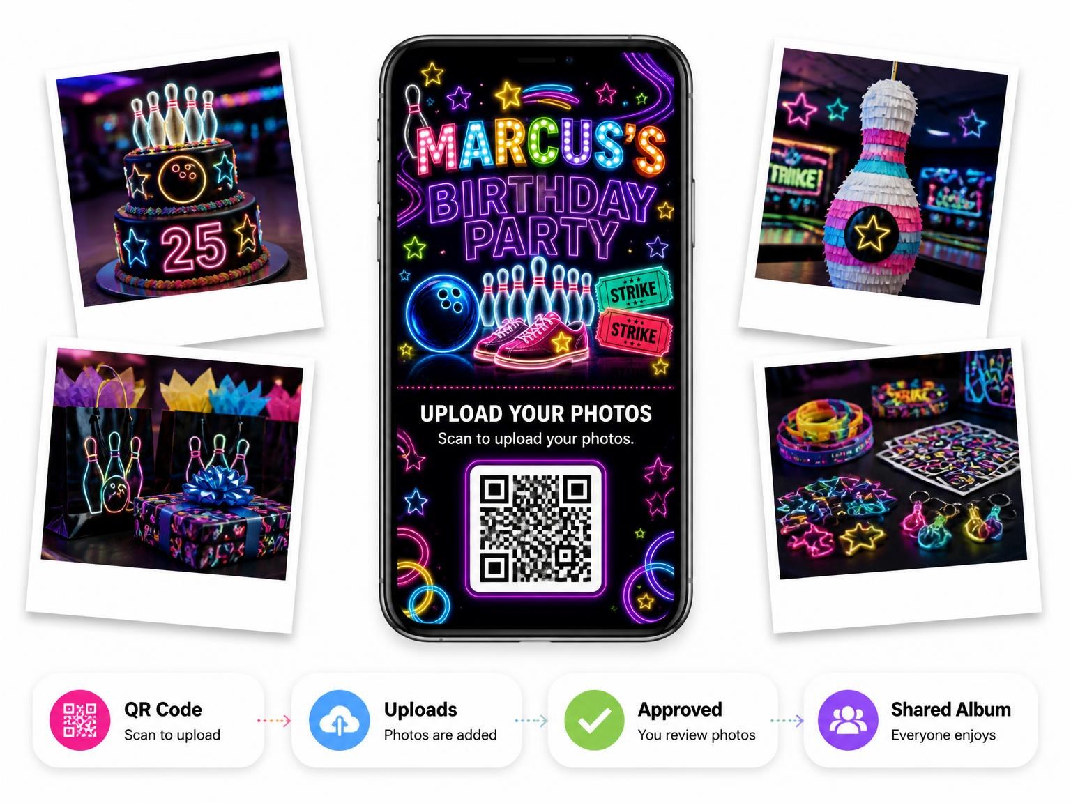 The shared photo gallery that comes with the Neon Bowling 25th Birthday Invitation invitation
