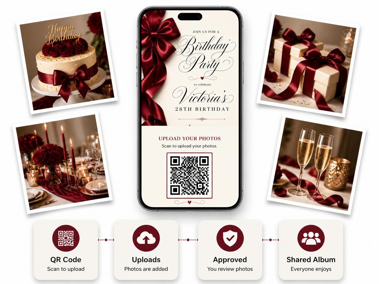 The shared photo gallery that comes with the Burgundy Satin Bow 28th Birthday Invitation invitation