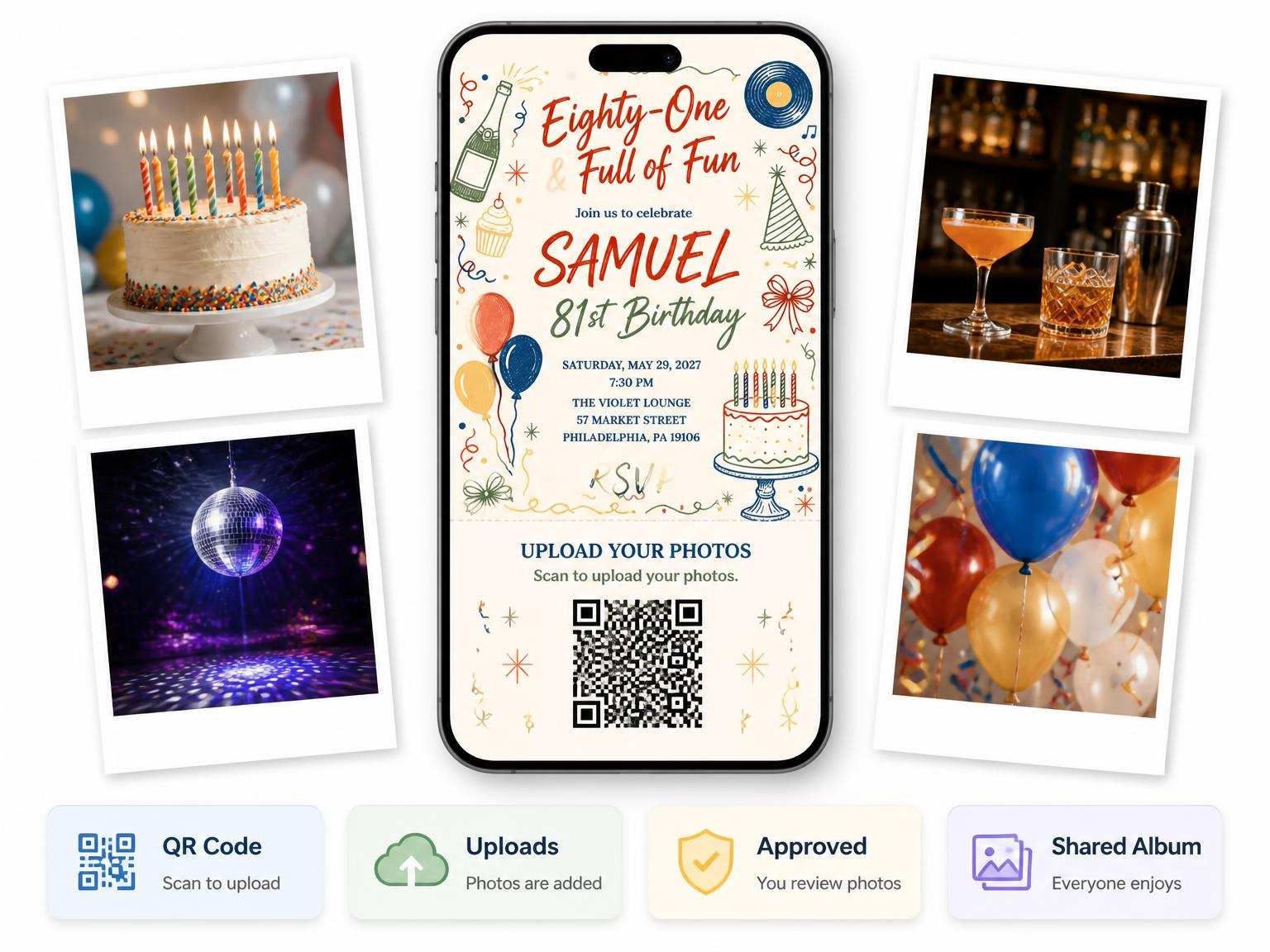 The shared photo gallery that comes with the Retro Doodle 81st Birthday Invitation invitation
