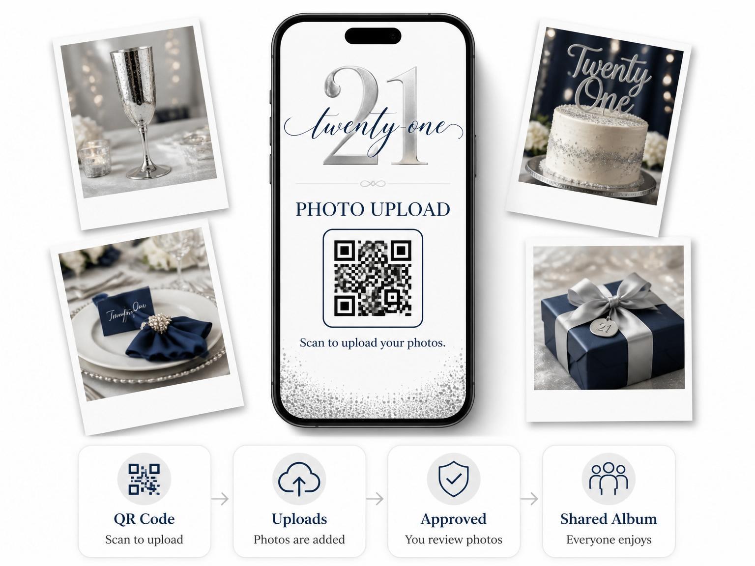 The shared photo gallery that comes with the Silver Metallic Navy 21st Birthday invitation
