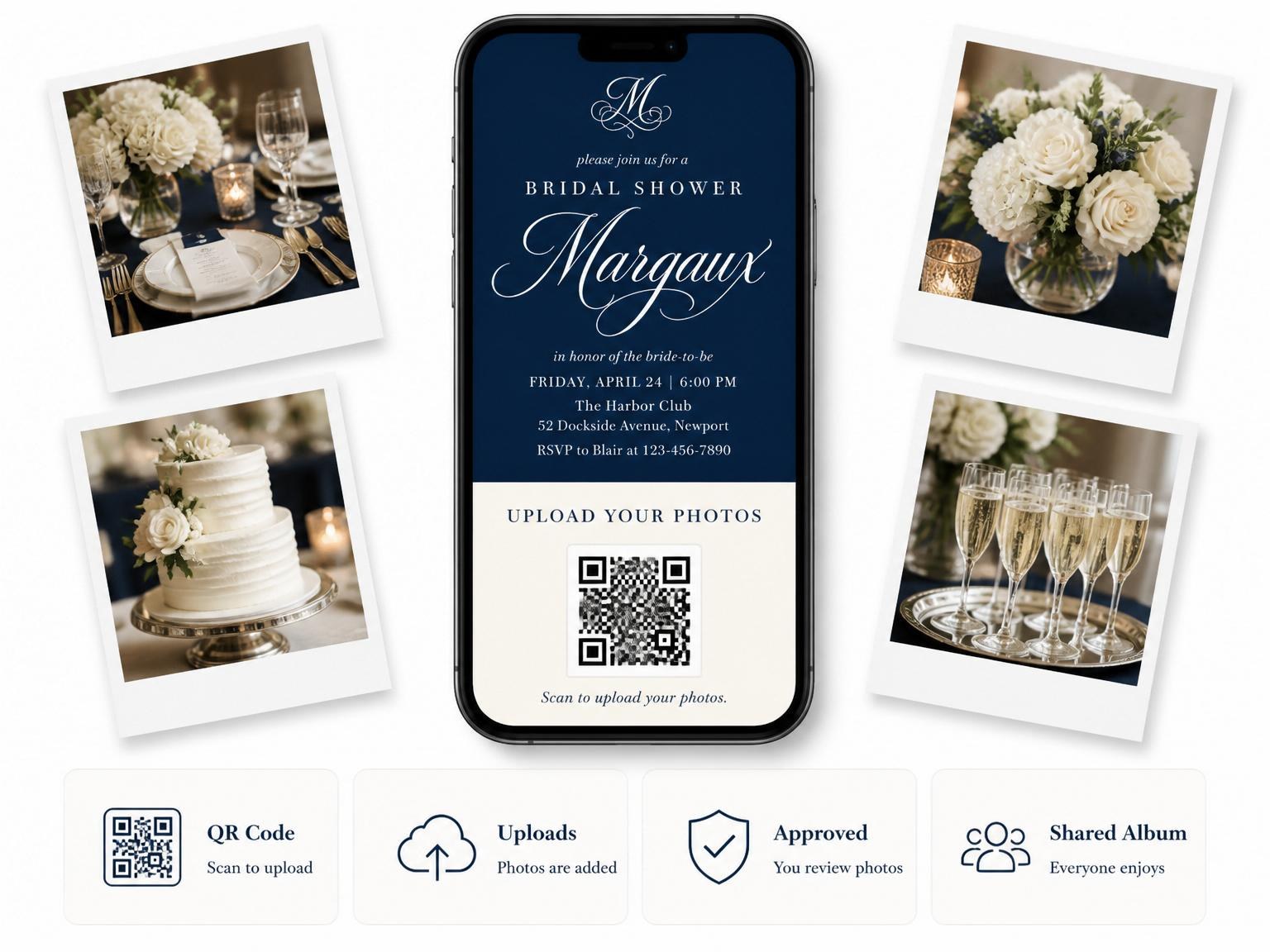 The shared photo gallery that comes with the Navy Monogram Minimalist Bridal Shower invitation