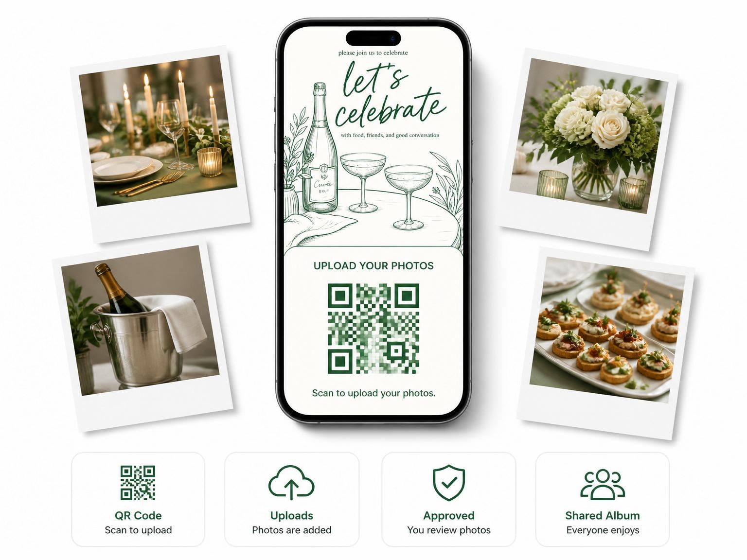 The shared photo gallery that comes with the Green Ink Champagne 50th Birthday invitation