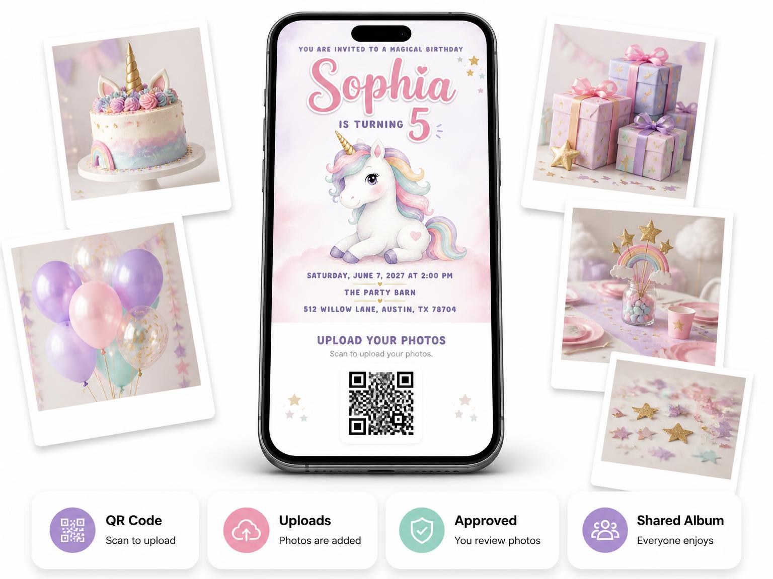 The shared photo gallery that comes with the Pastel Watercolor Unicorn 5th Birthday Invitation invitation