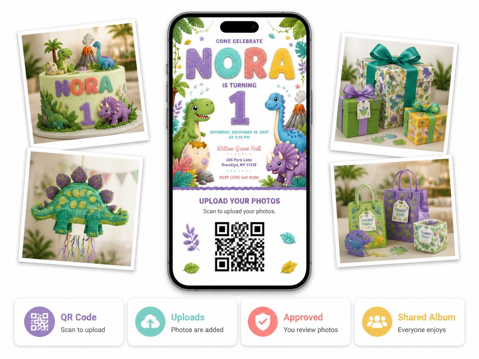 The shared photo gallery that comes with the Stitched Dinosaur 1st Birthday Invitation invitation