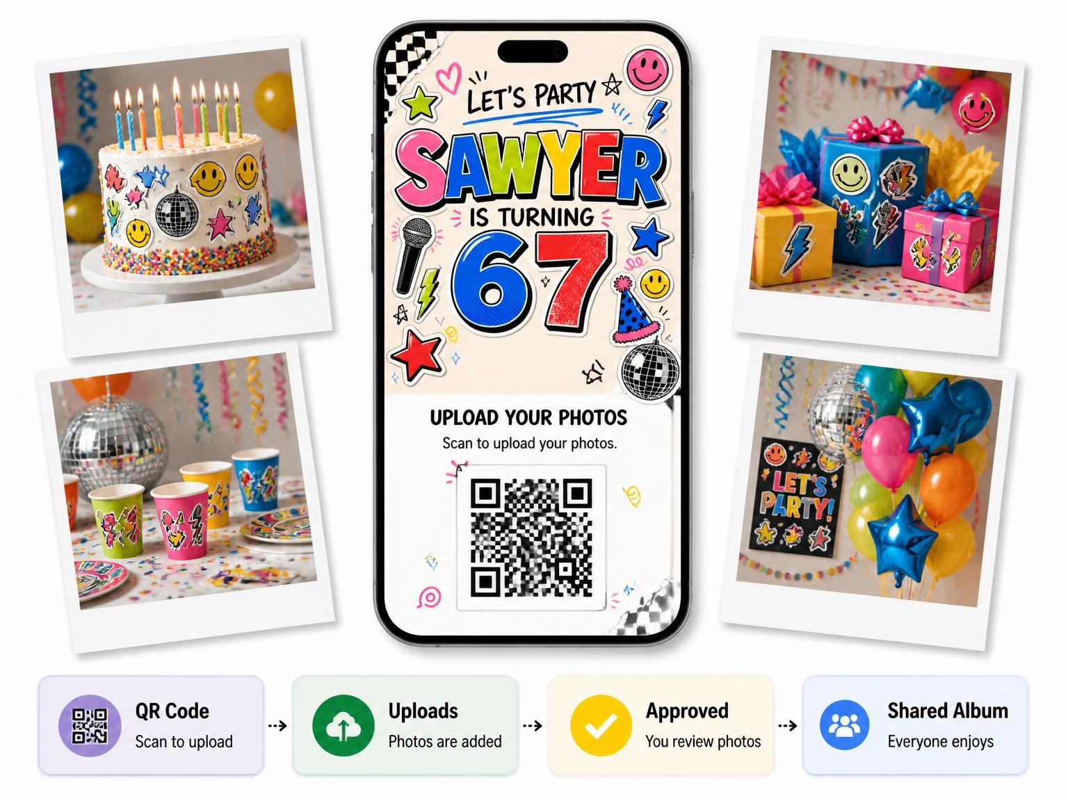 The shared photo gallery that comes with the Sticker Pop 67th Birthday Invitation invitation