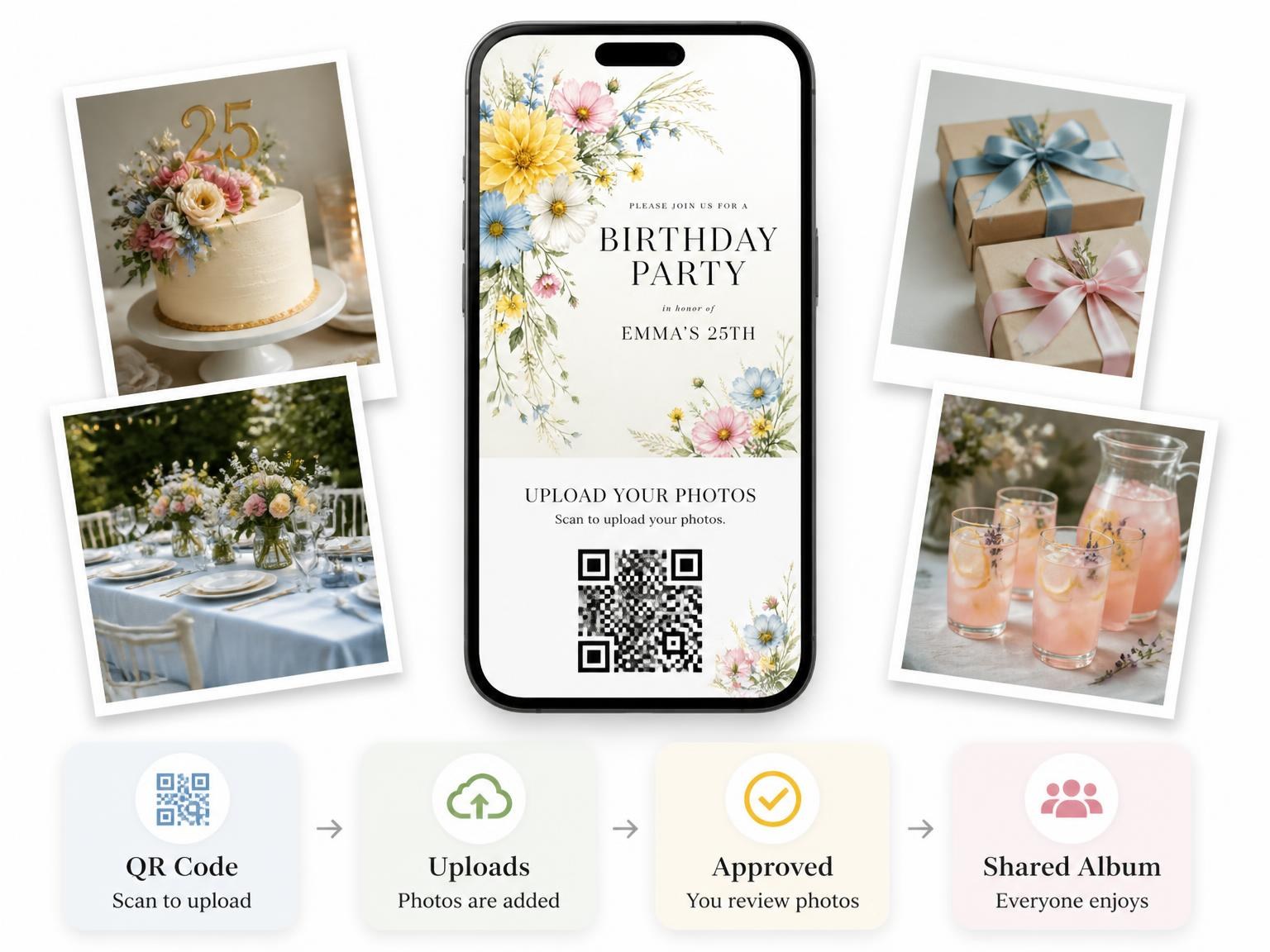 The shared photo gallery that comes with the Spring Dahlias Cornflower 25th Birthday Invitation invitation