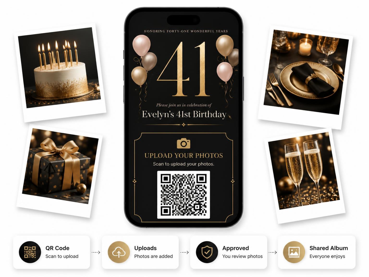The shared photo gallery that comes with the Charcoal and Blush 41st Birthday Invitation invitation