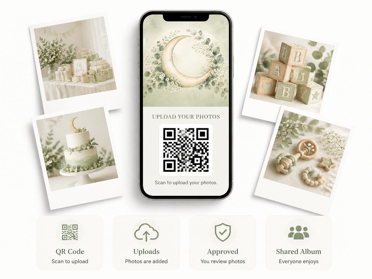 The shared photo gallery that comes with the Watercolor Crescent Moon Sip and See invitation