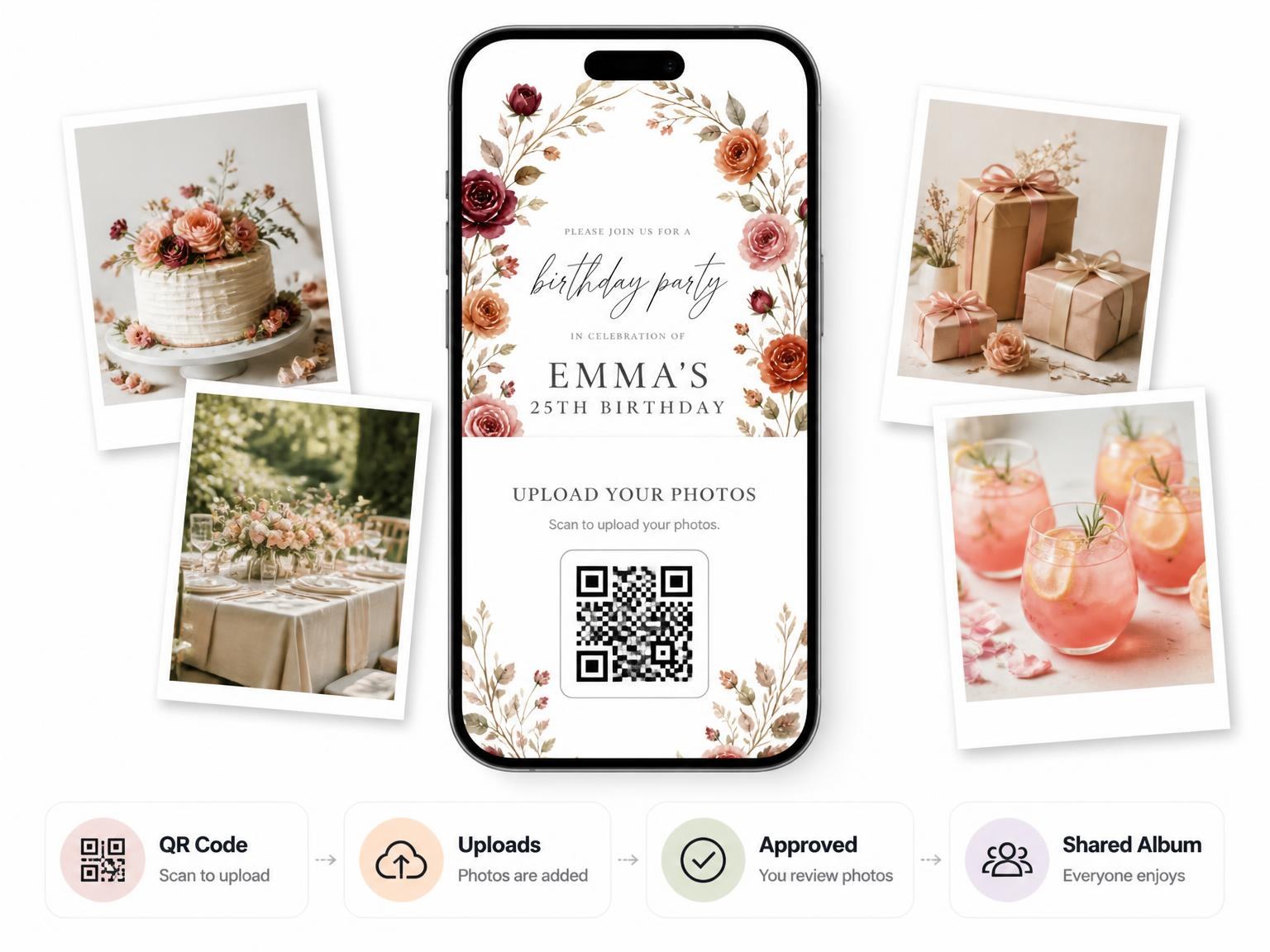 The shared photo gallery that comes with the Floral Wreath Autumn 25th Birthday Invitation invitation