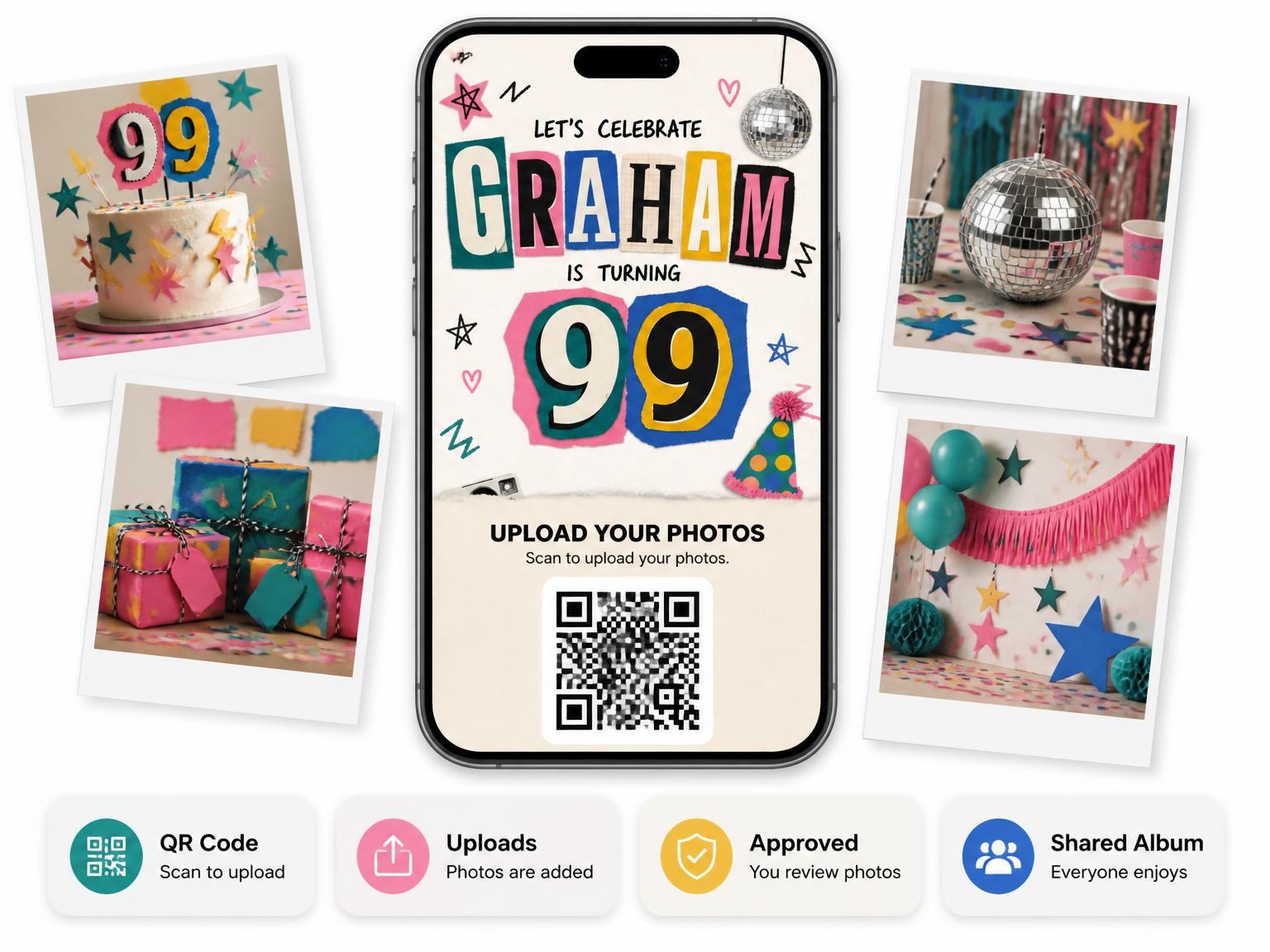 The shared photo gallery that comes with the Retro Paper Collage 99th Birthday Invitation invitation