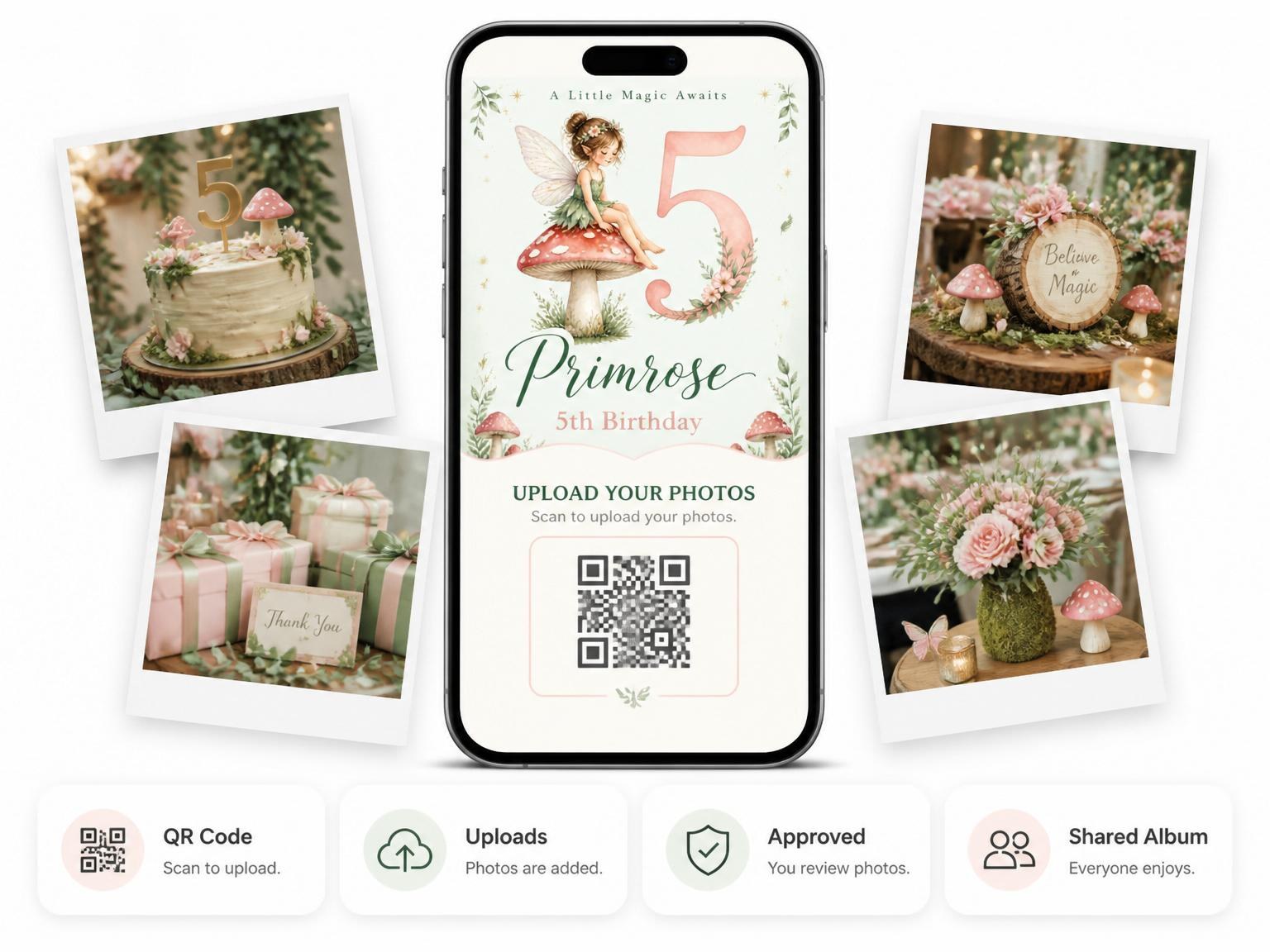 The shared photo gallery that comes with the Sage Watercolor Fairy 5th Birthday invitation
