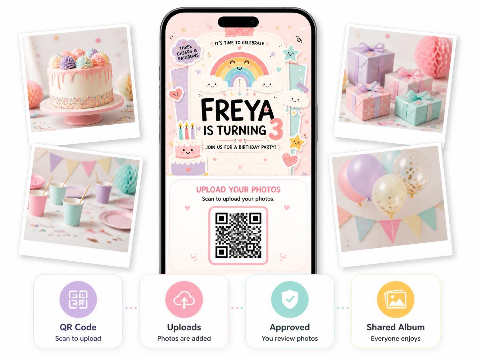 The shared photo gallery that comes with the Rainbow Clouds Pastel 3rd Birthday Invitation invitation