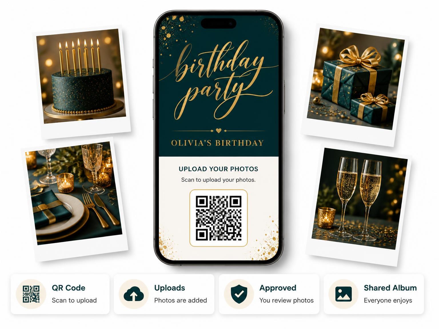 The shared photo gallery that comes with the Teal and Gold Birthday Invitation invitation