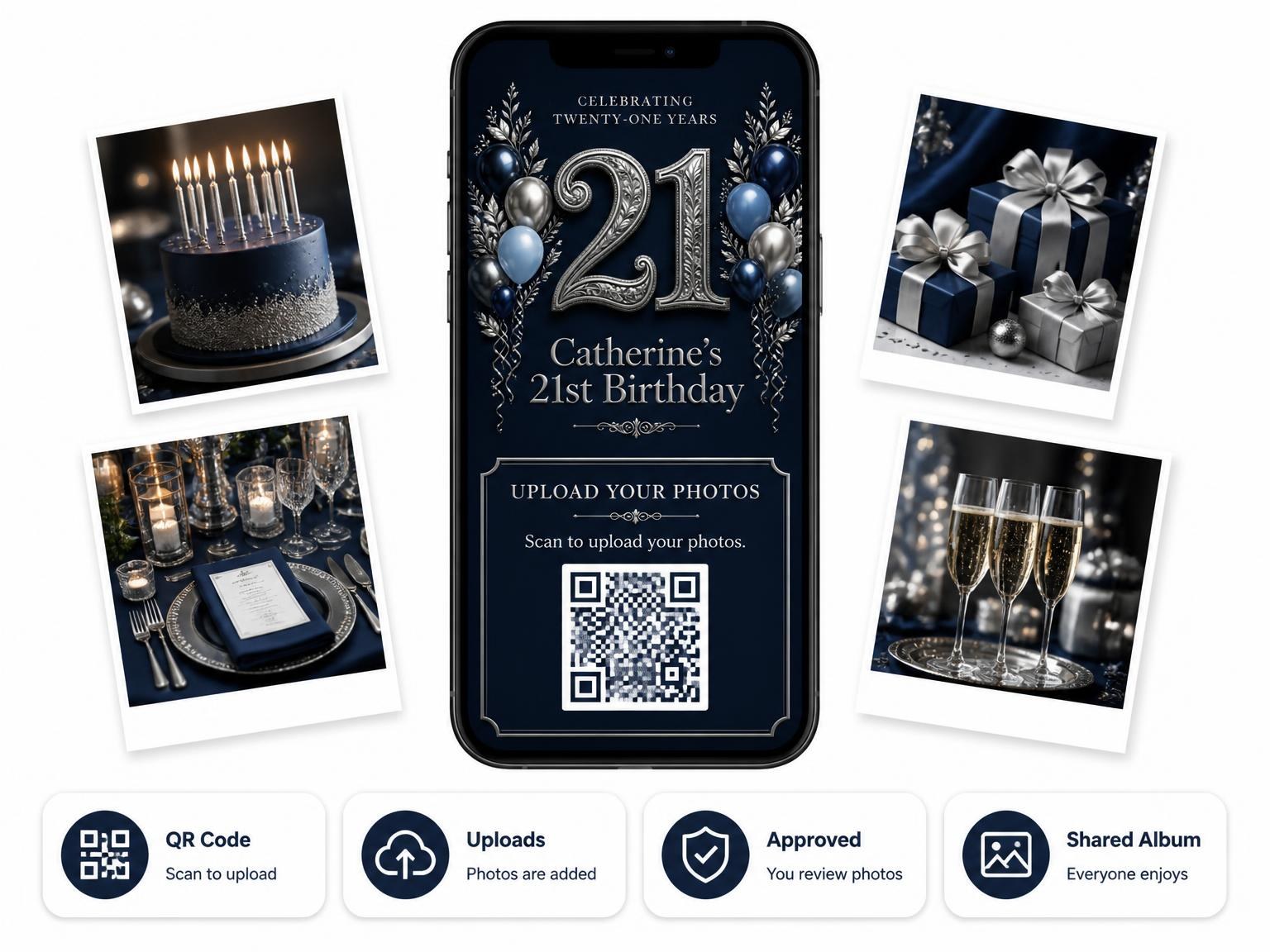 The shared photo gallery that comes with the Navy and Silver 21st Birthday Invitation invitation