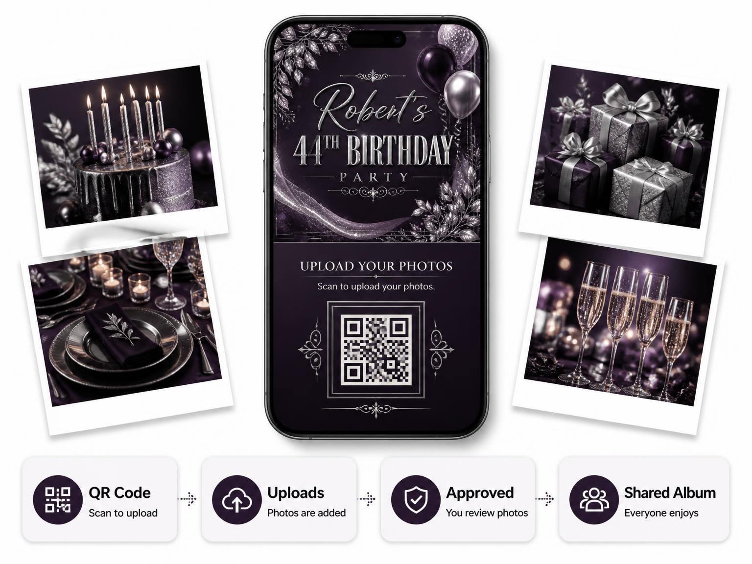 The shared photo gallery that comes with the Plum and Silver 44th Birthday Invitation invitation