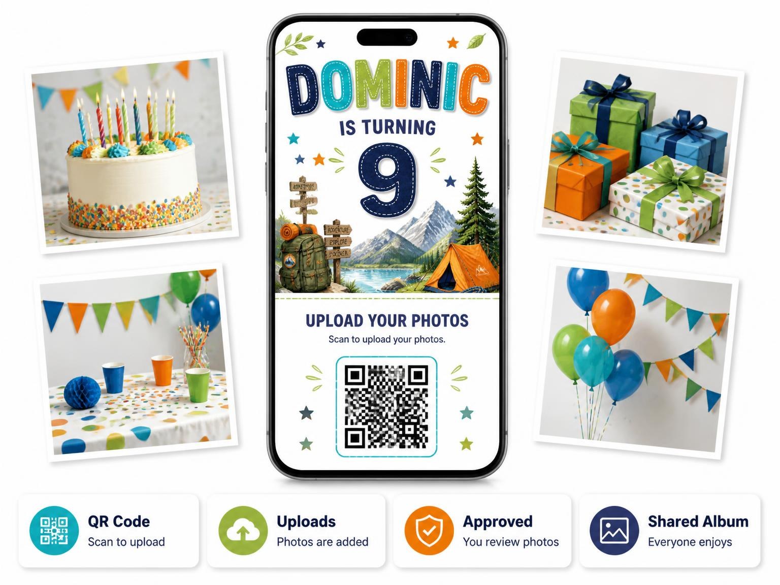 The shared photo gallery that comes with the Directional Signpost 9th Birthday Invitation invitation