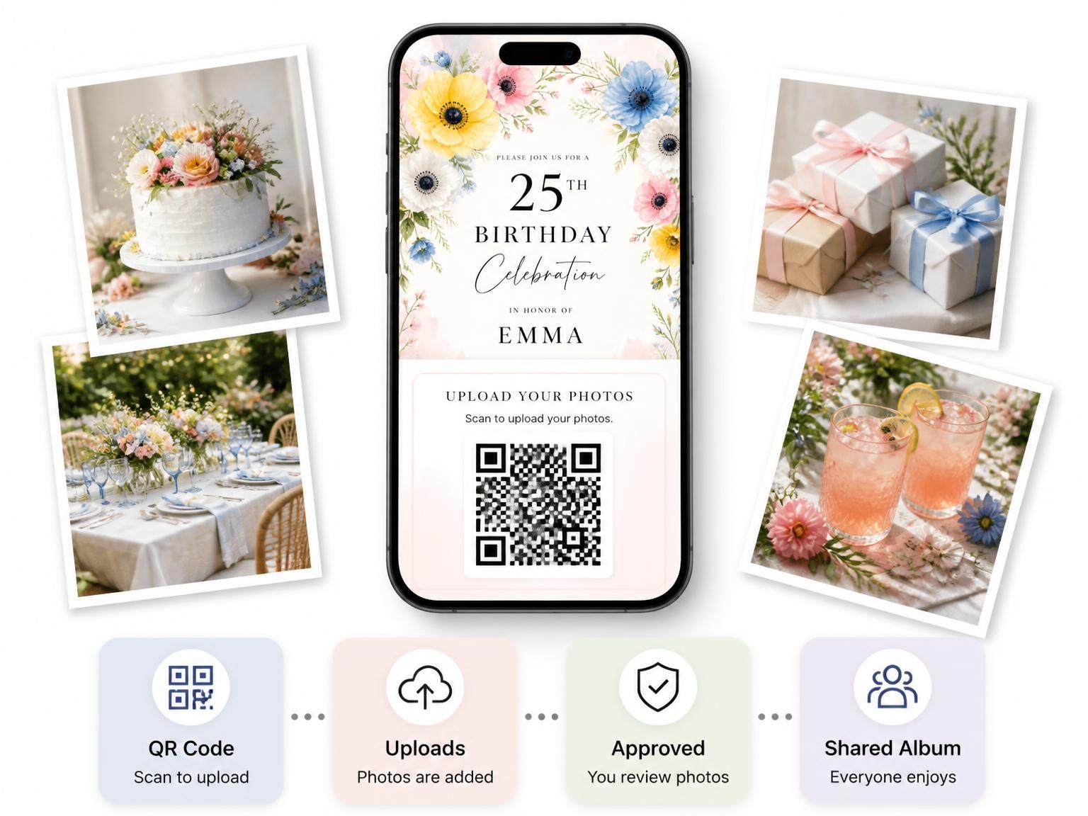 The shared photo gallery that comes with the Spring Anemone Wreath 25th Birthday Invitation invitation