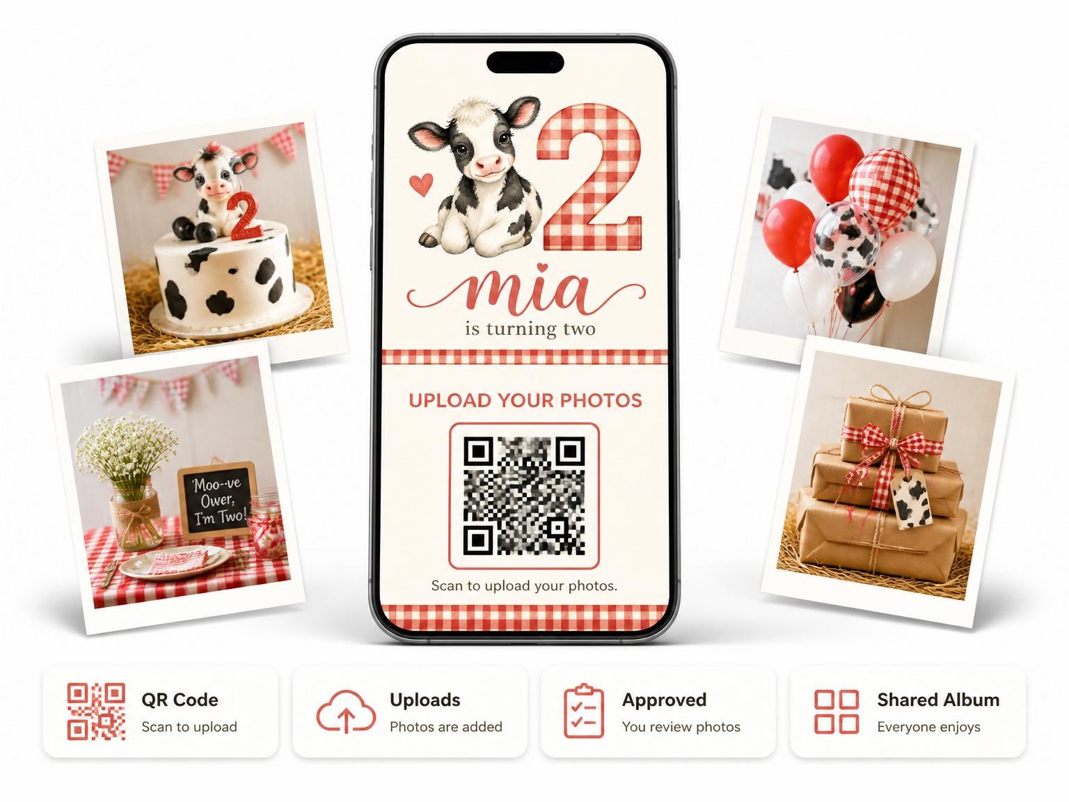 The shared photo gallery that comes with the Red Gingham Cow 2nd Birthday invitation