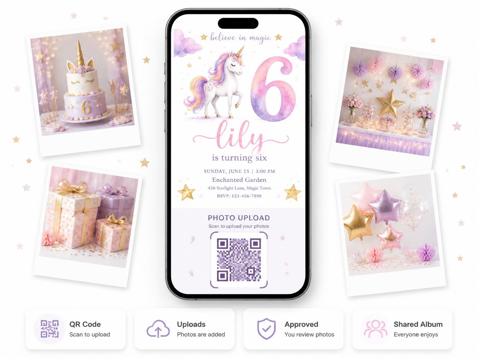 The shared photo gallery that comes with the Watercolor Unicorn 6th Birthday Invitation invitation