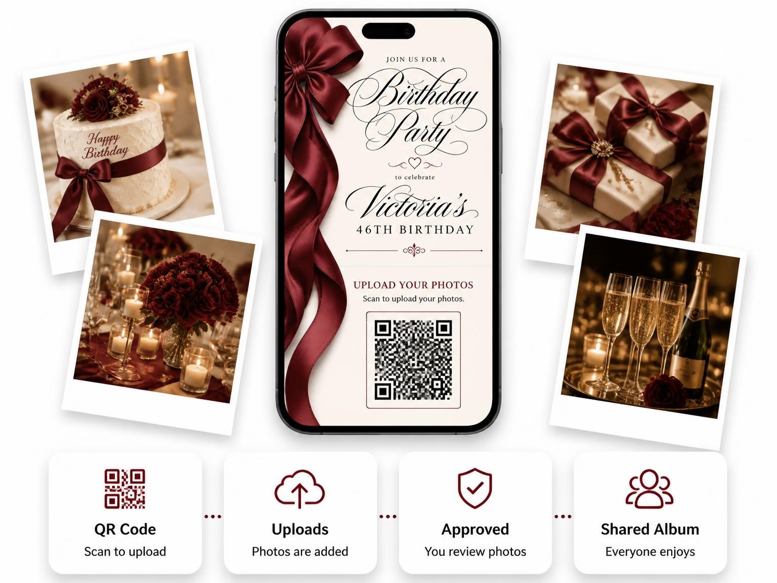 The shared photo gallery that comes with the Burgundy Satin Bow 46th Birthday Invitation invitation