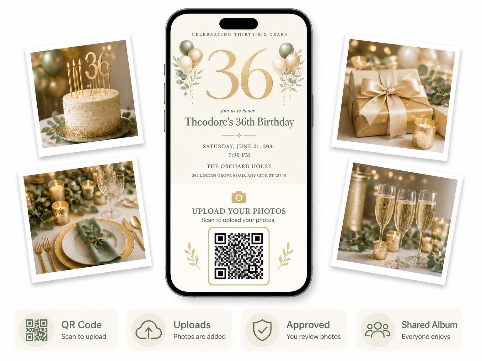 The shared photo gallery that comes with the Sage and Ivory 36th Birthday Invitation invitation