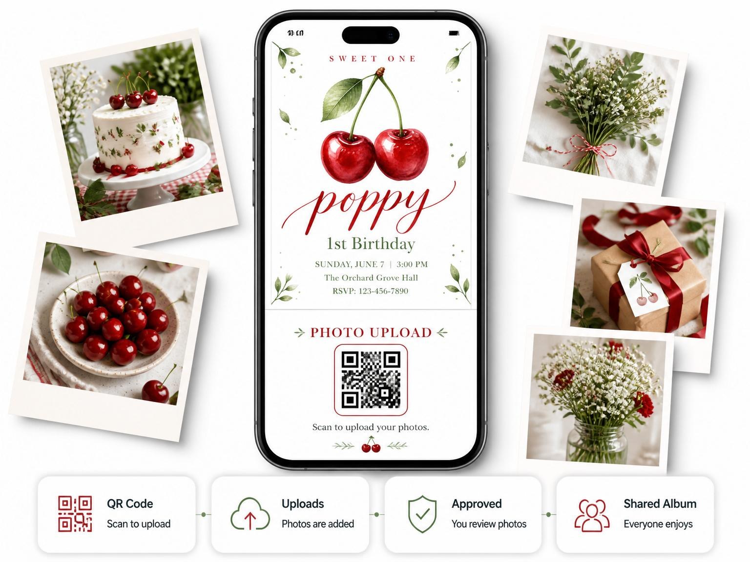 The shared photo gallery that comes with the Watercolor Cherry 1st Birthday Invitation invitation