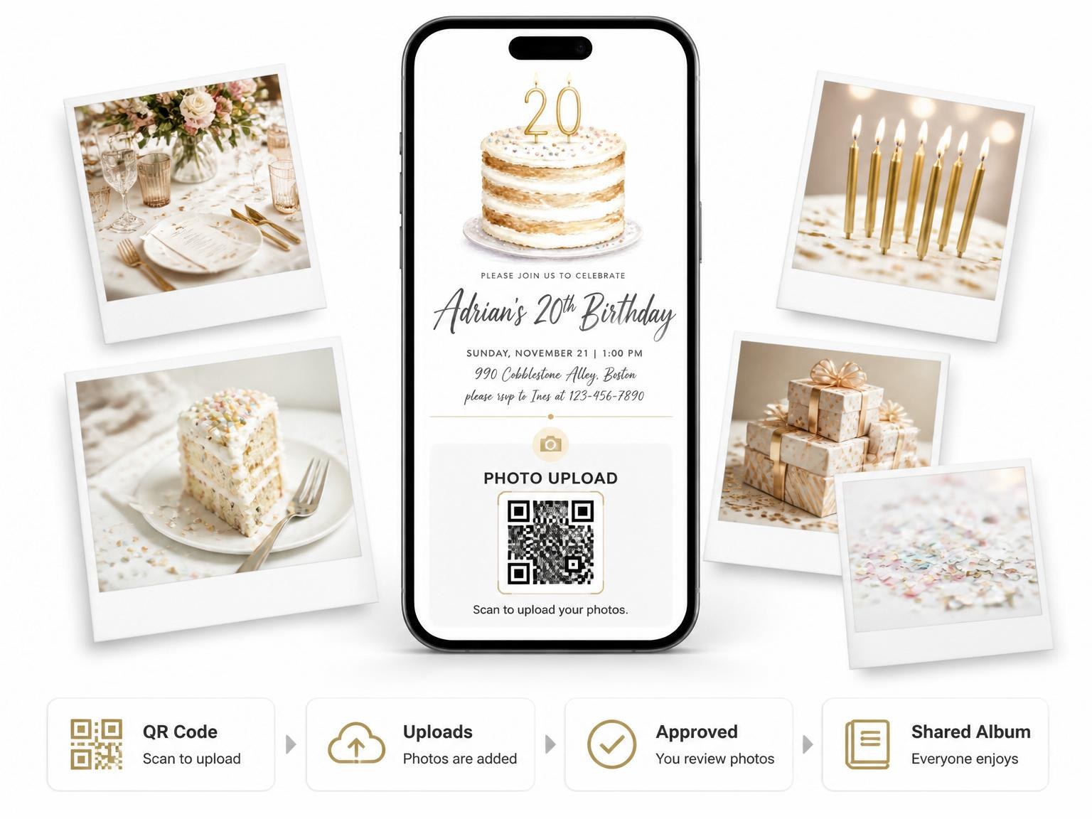The shared photo gallery that comes with the Watercolor Naked Cake 20th Birthday invitation