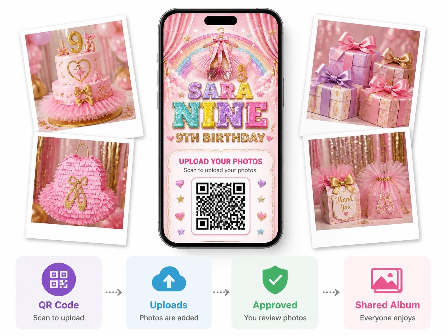 The shared photo gallery that comes with the Glitter Ballet 9th Birthday Invitation invitation