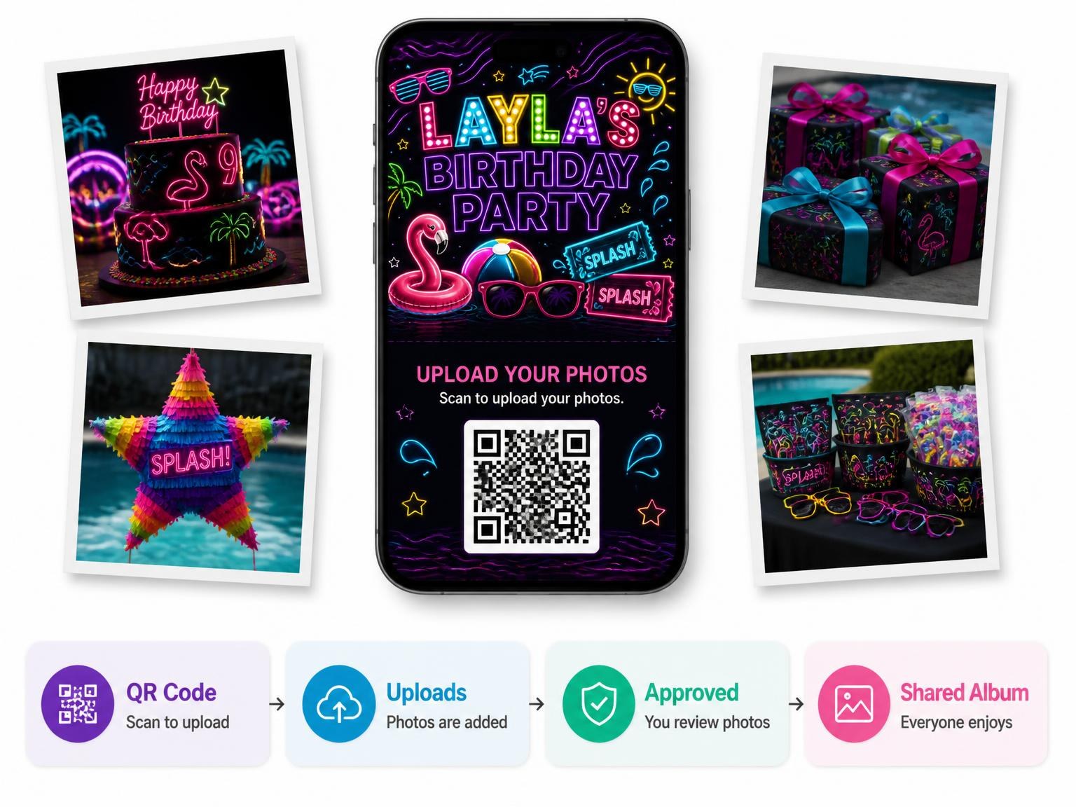 The shared photo gallery that comes with the Neon Pool Party 9th Birthday Invitation invitation