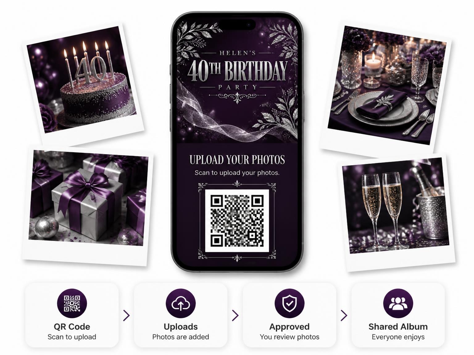 The shared photo gallery that comes with the Plum and Silver 40th Birthday Invitation invitation