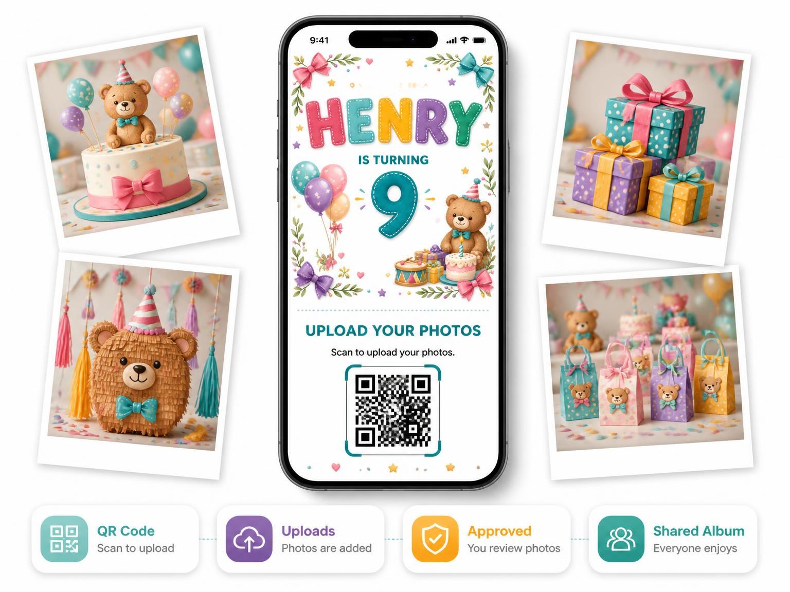 The shared photo gallery that comes with the Stitched Teddy Bear 9th Birthday Invitation invitation