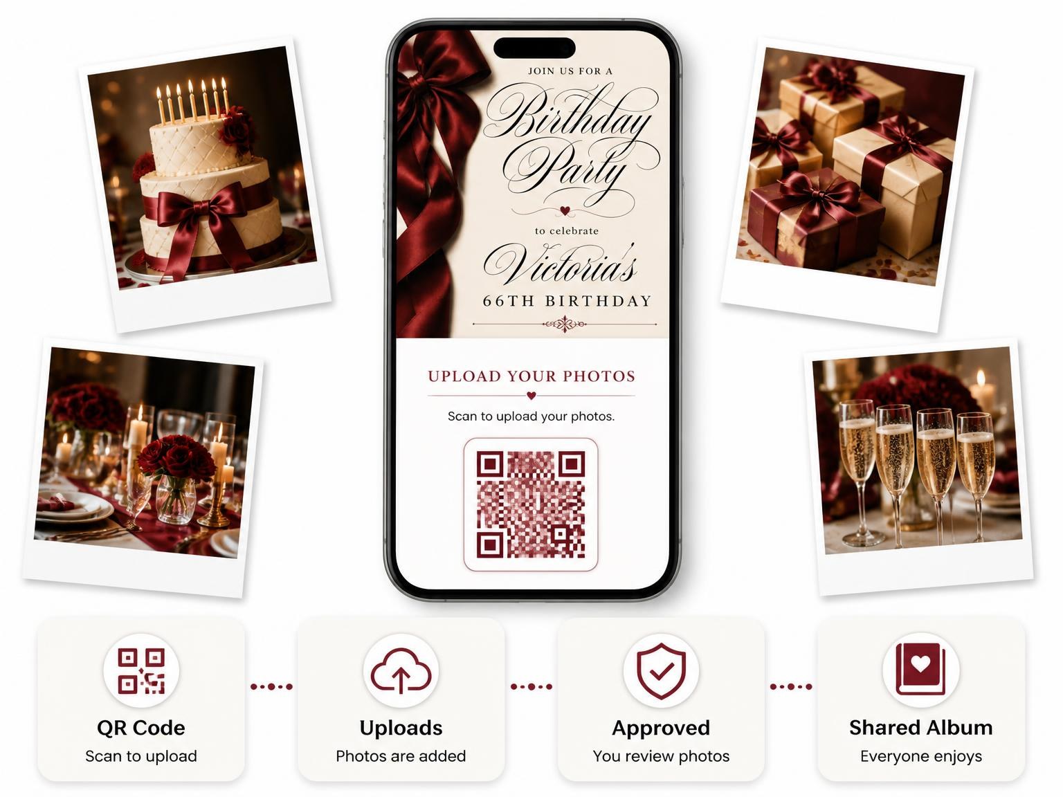 The shared photo gallery that comes with the Burgundy Satin Bow 66th Birthday Invitation invitation