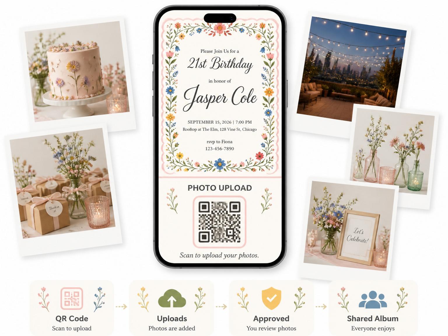 The shared photo gallery that comes with the Pink Scallop Wildflower 21st Birthday Invitation invitation