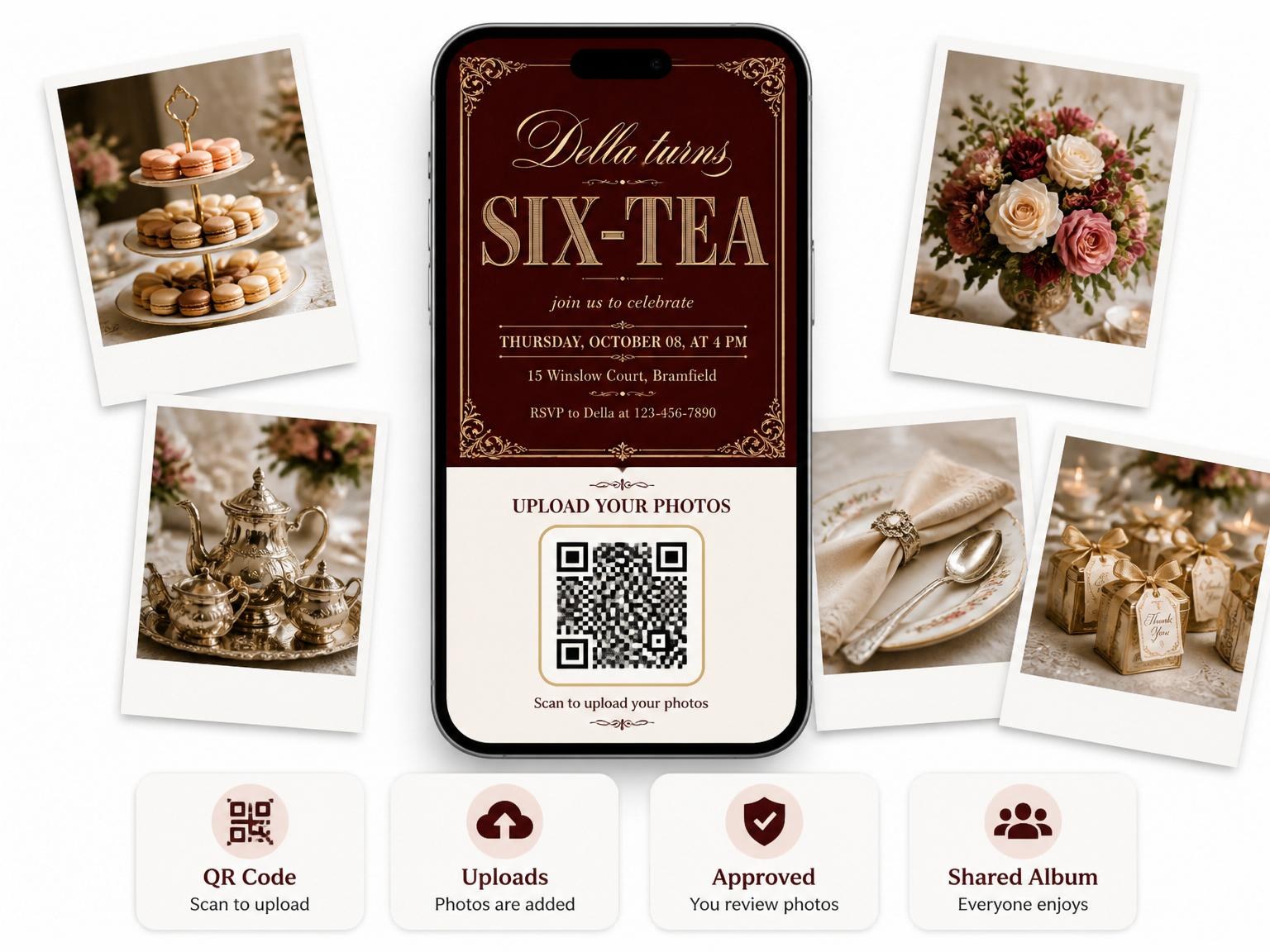 The shared photo gallery that comes with the Burgundy Gold Filigree Tea Birthday invitation