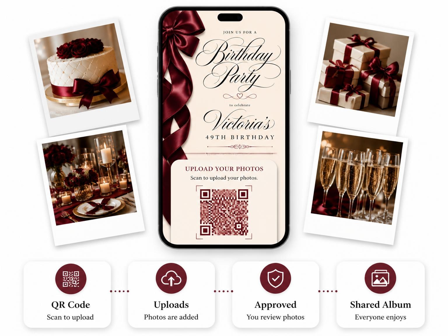 The shared photo gallery that comes with the Burgundy Satin Bow 49th Birthday Invitation invitation