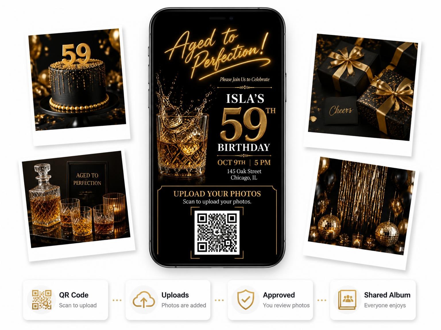 The shared photo gallery that comes with the Crystal Whiskey 59th Birthday Invitation invitation